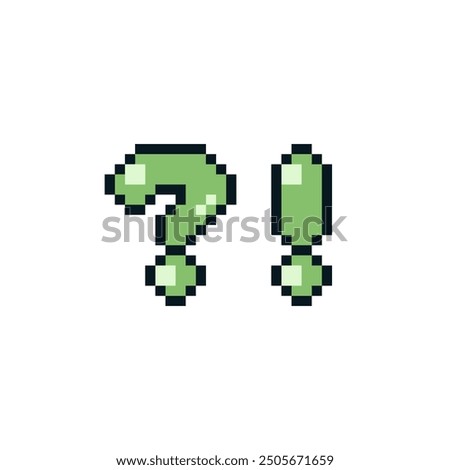 Question and exclamation mark, help icon pixel art style, ask. Isolated vector illustration. Game assets 8-bit sprite. Design for stickers, web, mobile app.