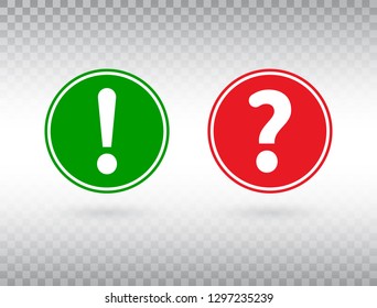 Question and exclamation mark icons set. Help sign and warning symbol. FAQ symbol on transparent background. Red and green circle with attention button and question mark. Vector illustration.