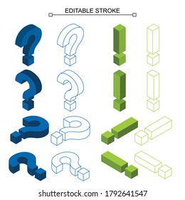 question and exclamation mark isometric, solution and problem symbol, icon, editable stroke, line