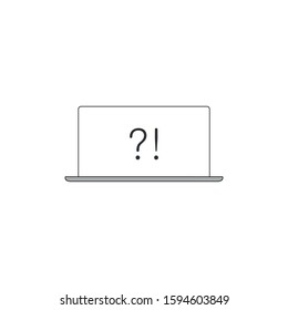 Question and exclamation mark on computer screen vector icon, flat cartoon laptop pc with question and exclamation symbol, idea of internet problem, online asking, faq help or questionnaire sign