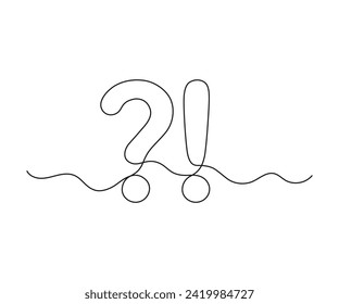 Question exclamation mark, one line continuous drawing. Simple minimalism design style, linear background signs. Emotional expression of surprise, delight, bewilderment, indignation. Vector outline