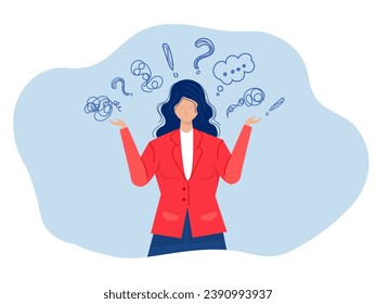 question and exclamation mark; A woman thinks about her choice; yes or no; doubt and depression; question and answer with problem solving; solution or support idea concept
