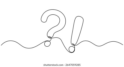 Pontos de interrogação e exclamação desenho contínuo de uma linha, desenho contínuo de uma linha de um ponto de interrogação e um ponto de exclamação. Linha editável, ponto de interrogação e ponto de exclamação linha contínua