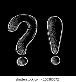 Question and exclamation marks. Hand drawn sketch. White chalk signs on black background. Vector illustration