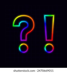 Question exclamation marks icon, neon rainbow visuals, gradient mesh graphics, glowing colorful aesthetic.
