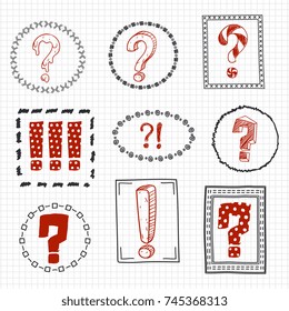 Question and exclamation marks on hand drawn frames. Vector illustration