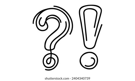 Question and exclamation marks one line art, hand drawn asking and admiration signs, continuous contour. Query FAQ concept, finding the answer. Editable stroke. Isolated. Vector illustration