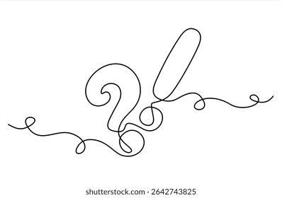 Question and exclamation marks one line art, asking and admiration signs, continuous contour. Query FAQ concept, finding the answer.Concept hacking internet. Hand drawn one line vector.Editable stroke