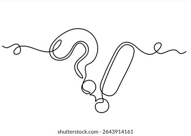Question and exclamation marks one line art, asking and admiration signs, continuous contour. Query FAQ concept, finding the answer.Concept hacking internet. Hand drawn one line vector.Editable stroke