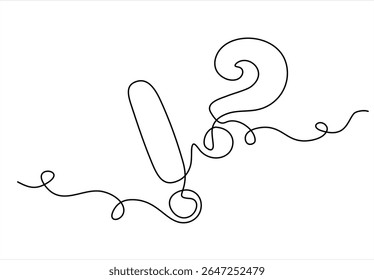 Questão e exclamação marca uma linha de arte, sinais de pergunta e admiração, contorno contínuo. Conceito de FAQ de consulta, encontrando a resposta.Conceito hacking internet. Vetor de uma linha desenhado à mão.Traço editável