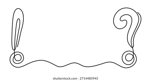 A pergunta e a exclamação marcam uma arte de linha, sinais de pergunta e admiração desenhados à mão, contorno contínuo. Conceito de FAQ de consulta, encontrando a resposta. Traçado editável. Isolado. Ilustração vetorial