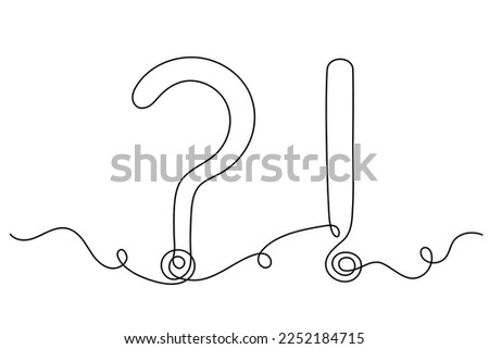 Question and exclamation marks one line art, hand drawn asking and admiration signs, continuous contour. Query FAQ concept, finding the answer. Editable stroke. Isolated. Vector illustration