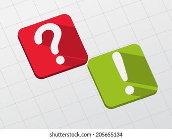 question and exclamation signs - symbol in red and green flat design blocks, business concept, vector