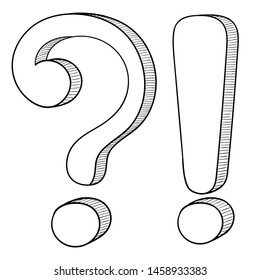 Question and Exlamation marks. Doodle style. Vector illustration isolated on white background