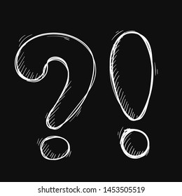 Question and Exlamation marks. Hand drawn white sketch on black background. Vector illustration