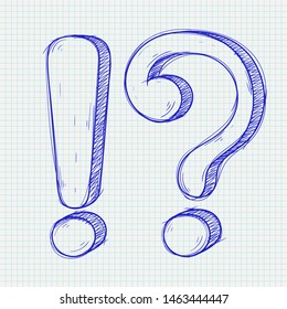 Question and Exlamation marks. Hand drawn doodle style on lined paper background. Vector illustration