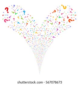 Question fireworks stream. Vector illustration style is flat bright multicolored iconic symbols on a white background. Object double fountain made from random symbols.