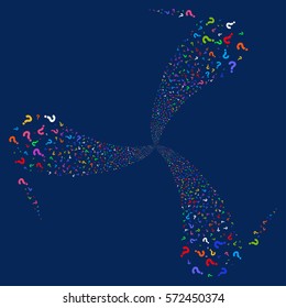 Question fireworks swirl rotation. Vector illustration style is flat bright multicolored iconic symbols on a blue background. Object spiral done from random icons.