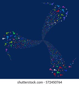 Question fireworks swirl rotation. Vector illustration style is flat bright multicolored iconic symbols on a blue background. Object twirl organized from random symbols.