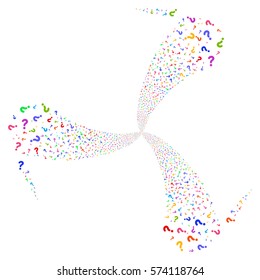 Question fireworks swirl rotation. Vector illustration style is flat bright multicolored iconic symbols on a white background. Object whirlpool created from random icons.