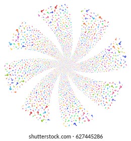 Question fireworks swirl rotation. Vector illustration style is flat bright multicolored iconic symbols on a white background. Object flower made from random design elements.