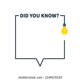 Question in frame box with bulb. Did you know question. Fun icon. Idea, tip, advice and for quiz. Outline frame with lightbulb for info, quick ask, education and banner. Vector.