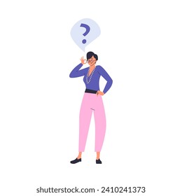 Question gesture emotion vector illustration. Wondered woman in glasses thinking, doubting. Puzzled girl pondering, contemplating. Character with question mark isolated on white background