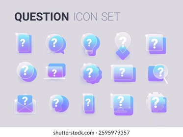 Question glass morphism blue icon set. Various unknown vector symbols collection 