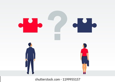 Question is how to organize cooperation. Business concept. Teamwork metaphor. Businessman and businesswoman connecting puzzle elements. Vector illustration flat  design. Working together, partnership.