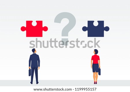 Question is how to organize cooperation. Business concept. Teamwork metaphor. Businessman and businesswoman connecting puzzle elements. Vector illustration flat  design. Working together, partnership.