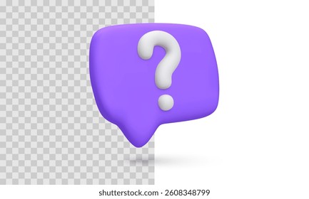 Question Icon In 3D Purple Chat Bubble With White Symbol On Split Transparent And White Background. Perfect For Help, FAQ, Or Support Concepts. Clean And Modern Look. Vector Illustration.