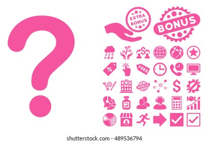 Question icon with bonus images. Vector illustration style is flat iconic symbols, pink color, white background.