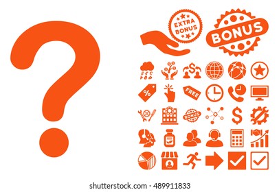 Question icon with bonus images. Vector illustration style is flat iconic symbols, orange color, white background.