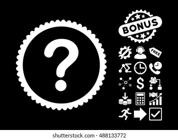Question icon with bonus pictures. Vector illustration style is flat iconic symbols, white color, black background.