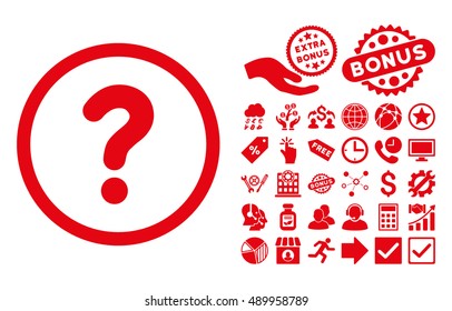 Question icon with bonus pictures. Vector illustration style is flat iconic symbols, red color, white background.