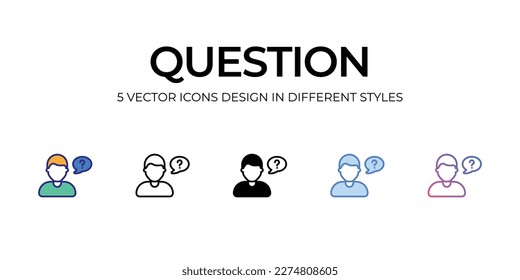 Icono de pregunta Diseño en estilo Cinco con barra editable. Línea, Sólido, Línea plana, Color de tono Duo y Línea de degradado de color. Adecuado para diseño de páginas Web, aplicaciones móviles, UI, UX y GUI.