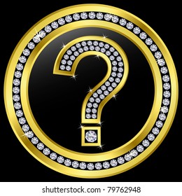 Question icon, golden button with diamonds, vector illustration