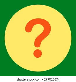 Question icon from Primitive Round Buttons OverColor Set. This round flat button is drawn with orange and yellow colors on a green background.