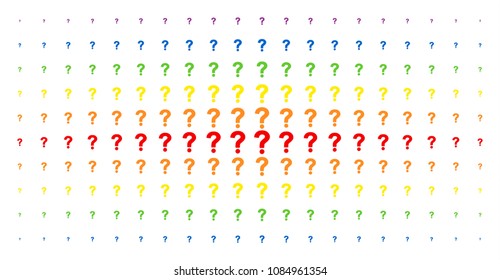 Question icon rainbow colored halftone pattern. Vector question items are arranged into halftone array with vertical spectrum gradient. Designed for backgrounds, covers,