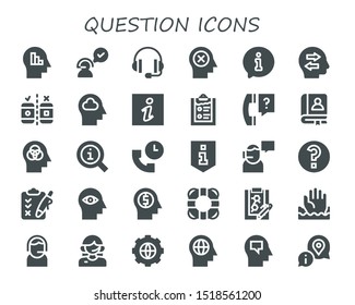 question icon set. 30 filled question icons.  Collection Of - Mind, Customer service, Support, Information, Confused, Testing, Clipboard, Question, Faq, Lifebuoy, Help, Options icons