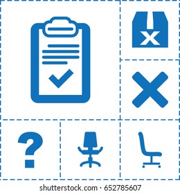 Question icon. set of 6 question filled icons such as clipboard, office chair