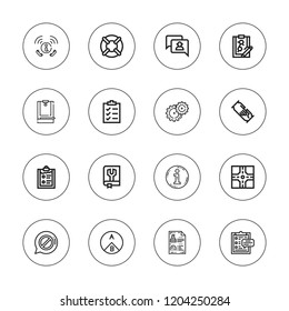Question icon set. collection of 16 outline question icons with clipboard, criminal record, crossroad, info, information, lifebuoy, help, manual, support, test icons.