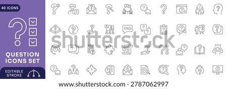 Question icon set. Containing Problem, confusion, asking, questioning, question mark, ask, help, speech, problem solve. Editable stroke	