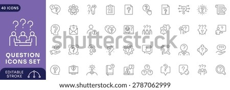 Question icon set. Containing Problem, confusion, asking, questioning, question mark, ask, help, speech, problem solve. Editable stroke	