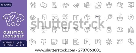 Question icon set. Containing Problem, confusion, asking, questioning, question mark, ask, help, speech, problem solve. Editable stroke	