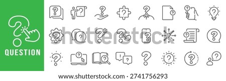 Question icon set illustrating asking, inquiry, help, FAQ, problem solving, and information search in clean outline style.