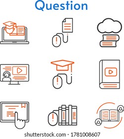 question icon set. included cloud library, feedback, e-book, books, instructor, e-learning, training, touchscreen, click icons. bicolor styles.