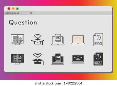 conjunto de iconos de pregunta. e-book incluido, cap, estudiante, laptop, learning, iconos doc sobre fondo blanco. estilos lineales y llenos.