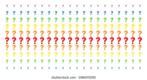 Question icon spectral halftone pattern. Vector symbols organized into halftone grid with vertical rainbow colors gradient. Constructed for backgrounds, covers, templates and abstraction concepts.