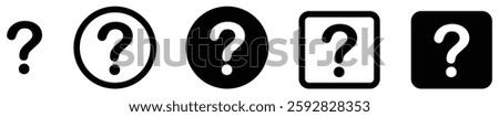 Question icons in circle and square shapes showing help, query, doubt and support actions used for interface controls and information prompts.